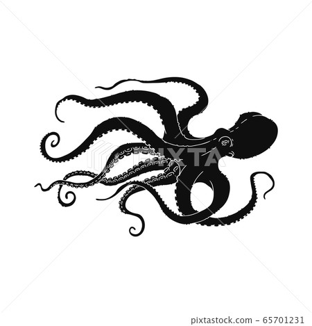 Black octopus swimming to the side - hand drawn silhouette 65701231