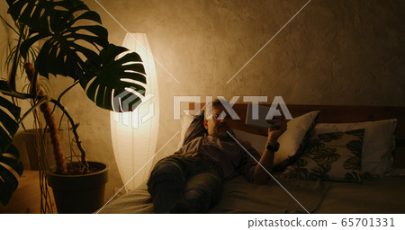 Man switching lighting on and off with home hub Man switching lighting on and off with home hub 65701331