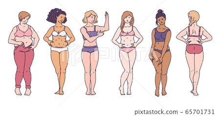 Set of women standing in underwear clamping fat folds on bodies cartoon style Set of women standing in underwear clamping fat folds on bodies cartoon style 65701731