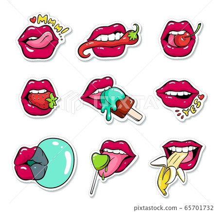 Set of female mouths with lipstick cartoon pop art style Set of female mouths with lipstick cartoon pop art style 65701732