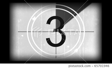 3D rendering of a monochrome old and grained universal countdown leader from 10 to 0 65701946