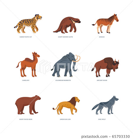 Extinct animals. Prehistoric american extinct wild animals. Flat style vector illustration isolated on white background. Extinct animals. Prehistoric american extinct wild animals. Flat style vector illustration isolated on white background. 65703330