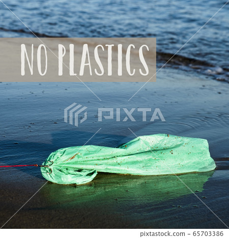 used plastic bag in the sea and text no plastics used plastic bag in the sea and text no plastics 65703386