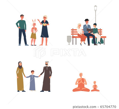 Set of religious families of Jews and Christians, Muslims and Buddhists. Set of religious families of Jews and Christians, Muslims and Buddhists. 65704770