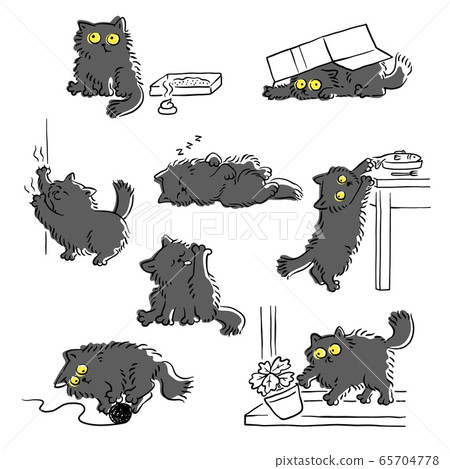 Naughty cat's bad behavior funny scenes,set of sketch vector illustration isolated. 65704778