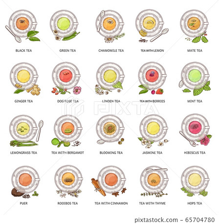 Different tea types - vector illustration set. Colorful herbal drink collection Different tea types - vector illustration set. Colorful herbal drink collection 65704780