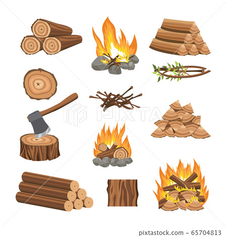 Firewood icons set with burning flame and woods - Stock Illustration  [65704813] - PIXTA