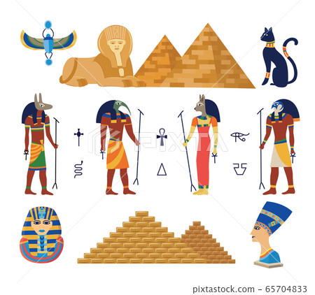 Egypt ancient gods and pyramides icons set cartoon vector illustration isolated. Egypt ancient gods and pyramides icons set cartoon vector illustration isolated. 65704833