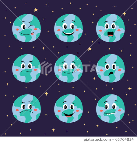 Cute cartoon Earth planet with emotions face set of icons flat vector illustration. Cute cartoon Earth planet with emotions face set of icons flat vector illustration. 65704834