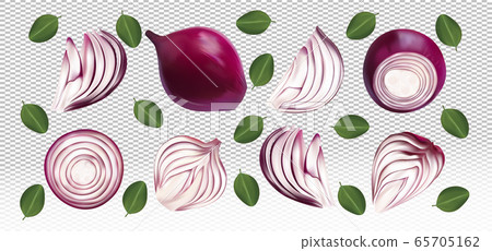 Set of red onion with leaves on transparent background. Flying red onion are whole and cut in half. 3D realistic red onion sliced, half, piece. Organic product. Vector illustration 65705162