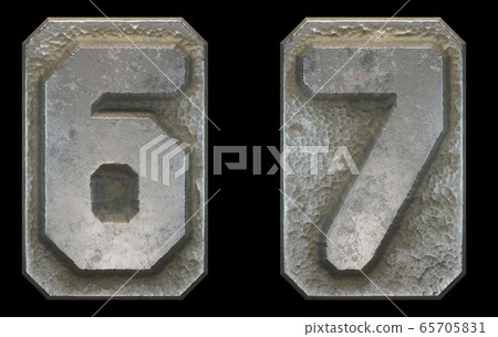 Set of numbers 6, 7 made of industrial metal on black background 3d Set of numbers 6, 7 made of industrial metal on black background 3d 65705831