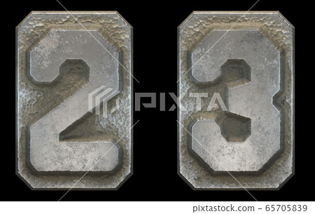 Set of numbers 2, 3 made of industrial metal on black background 3d 65705839