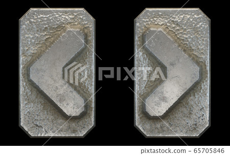 Set of symbols left and right angle bracket made of industrial metal on black background 3d 65705846