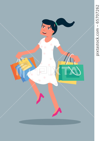 Happy female shopper jumping flat character 65707262