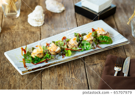 Gourmet appetizer shrimp stuffed mushroom caps 65707979