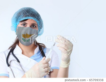 Scientist woman and mask with Cyprus flag. 65709338