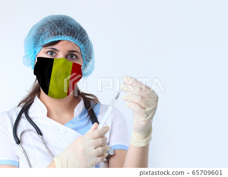 Scientist woman with and mask with Belgium flag. Scientist woman with and mask with Belgium flag. 65709601