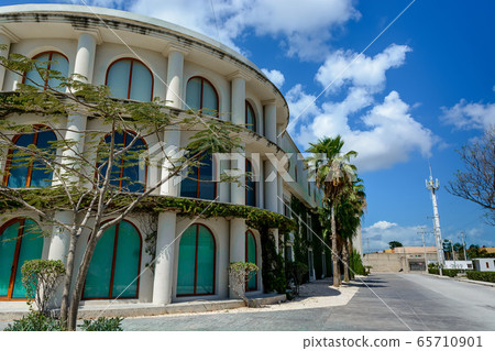 A large building with columns overgrown with ivy. 65710901