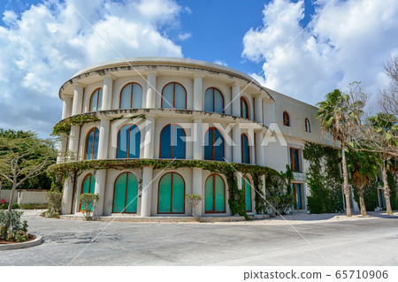 A large building with columns overgrown with ivy. 65710906