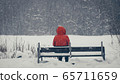 a girl in a red jacket with a hood sits alone, in winter on park benches 65711659