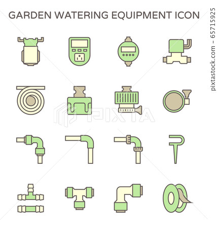 Garden watering equipment and sprinkler icon set 65715925