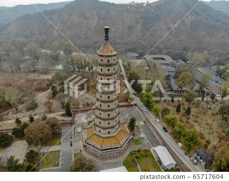Aerial view of tower pavilion inside the Imperial Summer Palace of The Mountain Resort in Chengde 65717604