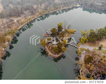 Aerial view of little pavilions next the lake inside the Imperial Summer Palace. Chengde, China 65717659