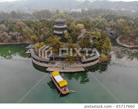 Aerial view of little pavilions next the lake inside the Imperial Summer Palace. Chengde, China 65717660