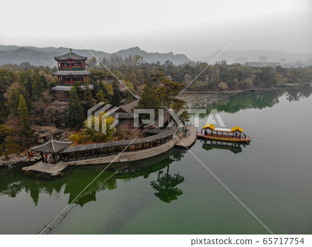 Aerial view of little pavilions next the lake inside the Imperial Summer Palace. Chengde, China 65717754