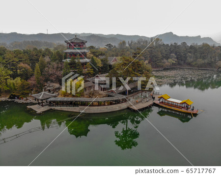 Aerial view of little pavilions next the lake inside the Imperial Summer Palace. Chengde, China 65717767