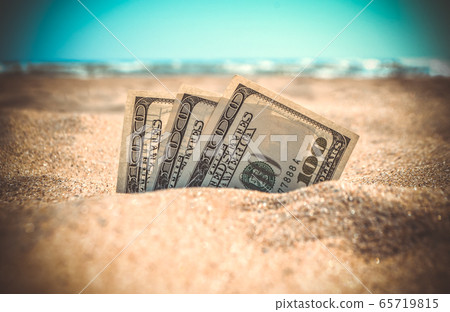 Money dolars half covered with sand lie on on sandy beach near sea ocean 65719815