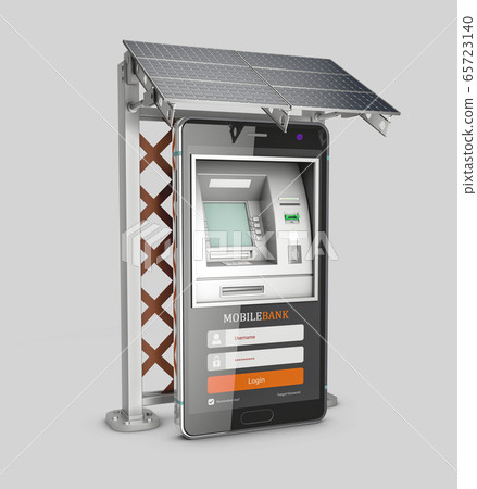 3d Rendering of Mobile online banking and payment concept. Smart phone as ATM with solar panel 65723140