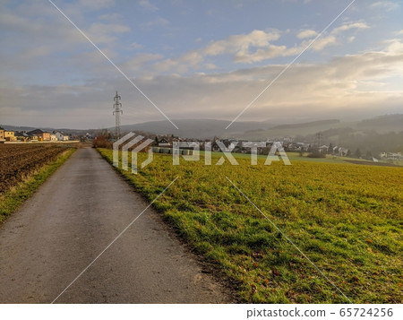 Countryside road along field and meadow Countryside road along field and meadow 65724256