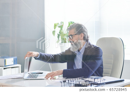 Elegant senior director of business company opening laptop before network Elegant senior director of business company opening laptop before network 65728945