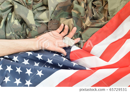 Silvery military beads with dog tag and hand of 65729531
