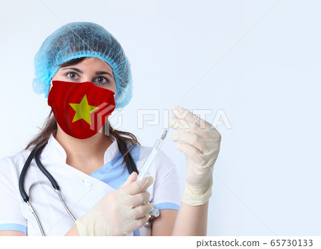 Scientist woman and mask with Vietnam flag. 65730133
