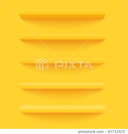 Yellow shelf on the yellow wall. Wooden horizontal realistic empty shelf. Isolated object. 3d Vector illustration Yellow shelf on the yellow wall. Wooden horizontal realistic empty shelf. Isolated object. 3d Vector illustration 65732425