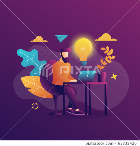 A man at work. Working at a laptop. Flat Colorful style.Workplace. Web page template. Violet Background. Vector illustration A man at work. Working at a laptop. Flat Colorful style.Workplace. Web page template. Violet Background. Vector illustration 65732426