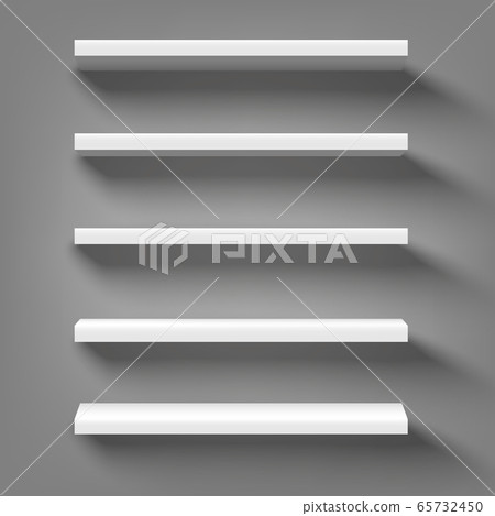 White shop product shelves. Blank empty showcase display, 3D supermarket retail shelves. Bookcase store rack, shopping merchandise market products racks realistic.Vector illustration on transparent 65732450