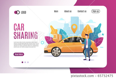 Car sharing service advertising web page template. A man with a smartphone standing near the car. Business website concept. Flat Style. Vector illustration 65732475