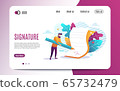 Electronic signature. Signature of business contract with an e-signature on device. Flat Colorful style. Web template page with shadow. Vector illustration 65732479