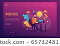 A man at work. Working at a laptop. Flat Colorful style.Workplace. Web page template. Violet Background. Vector illustration 65732481
