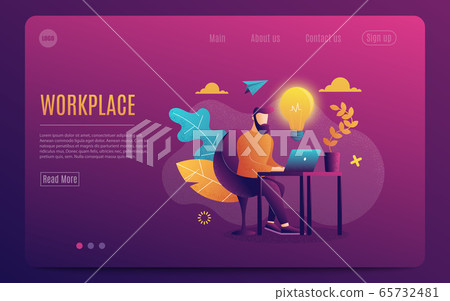A man at work. Working at a laptop. Flat Colorful style.Workplace. Web page template. Violet Background. Vector illustration 65732481
