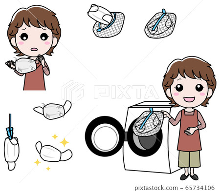 Woman washing mask in washing machine Woman washing mask in washing machine 65734106