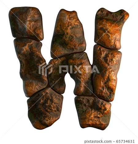 Rocky letter W. Font of stone on white background. 3d Rocky letter W. Font of stone on white background. 3d 65734631