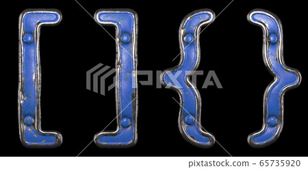 Set of symbols left, right braces made of painted metal with blue rivets on black background. 3d 65735920