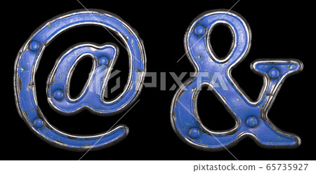 Set of symbols at, ampersand made of painted metal with blue rivets on black background. 3d 65735927