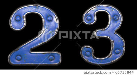 Set of numbers 2, 3 made of painted metal with blue rivets on black background. 3d Set of numbers 2, 3 made of painted metal with blue rivets on black background. 3d 65735944