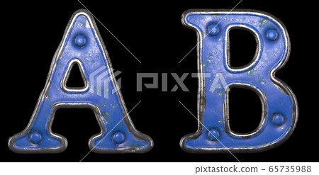 Set of uppercase letters A, B made of painted metal with blue rivets on black background. 3d Set of uppercase letters A, B made of painted metal with blue rivets on black background. 3d 65735988