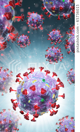 3d render of pathogenic virus organism or bacteria infecting and causing disease. Close up from microscope of coronavirus. 3d render of pathogenic virus organism or bacteria infecting and causing disease. Close up from microscope of coronavirus. 65736015